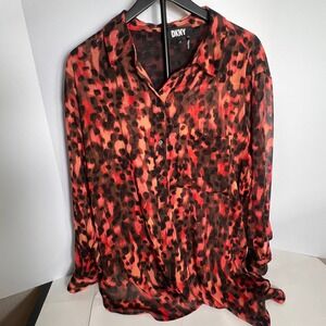 DKNY Leopard Print Button-Up‎ Long Sleeve Shirt Women's Size XL Sheer Blouse